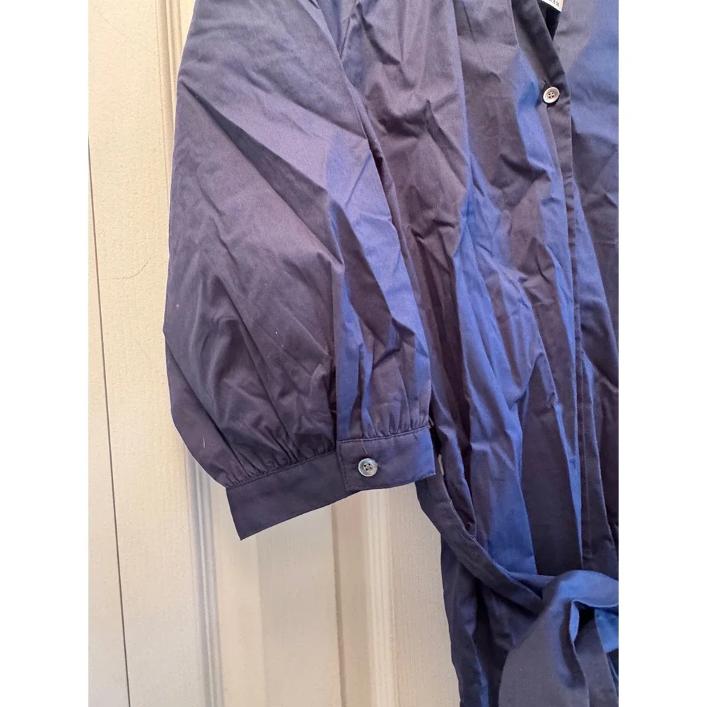 JMCL Charlotte Navy Blue Midi Shirtdress 3/4 Sleeve Button Front Belted Size L